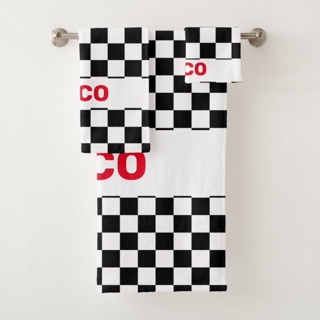 Monogramed Black and White Checkered Flag 2 Bath Towel Set (Insitu)