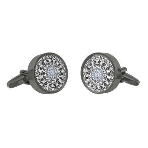 Monogramed Black And White Floral Lace Circle Gunmetal Finish Cufflinks