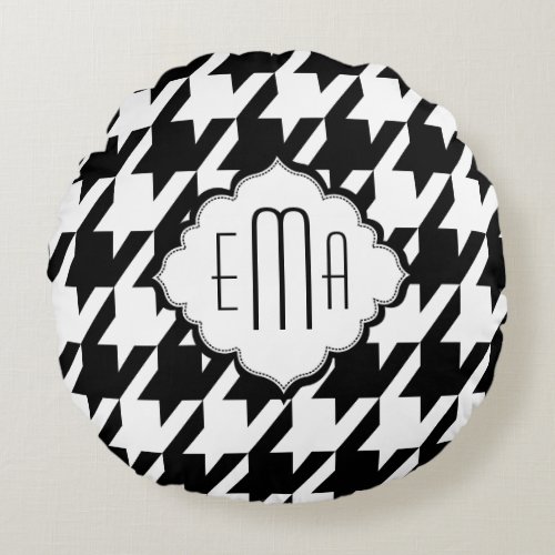 Monogramed Black And White Houndstooth Round Pillow