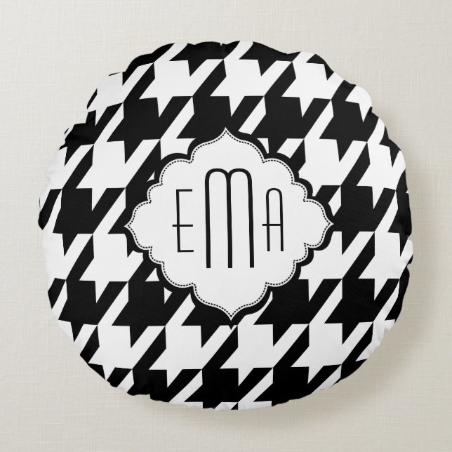 Monogramed Black And White Houndstooth Round Pillow (Front)