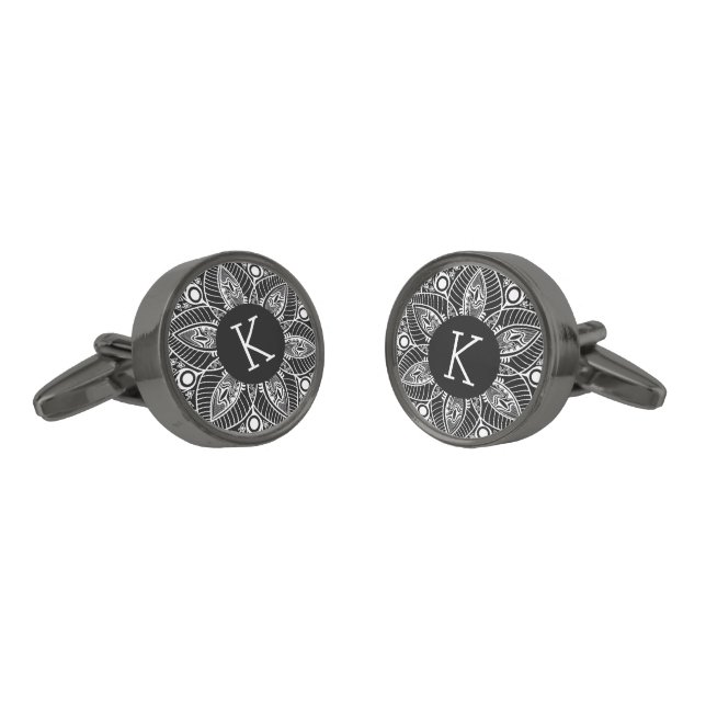 Monogramed Black And White Retro Lace Circle Gunmetal Finish Cufflinks (Angled)