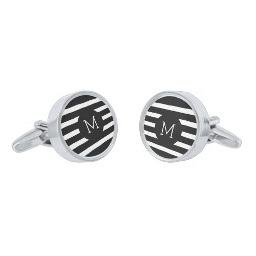 Monogramed Black And White Stripes 2 Cufflinks