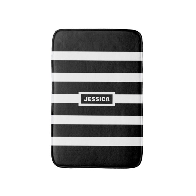Monogramed Black And White Stripes Bathroom Mat (Front Vertical)