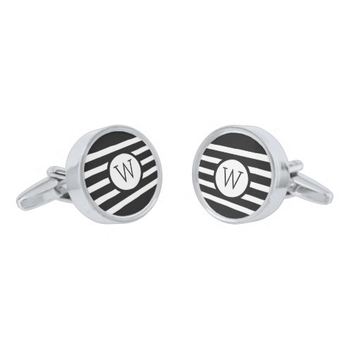Monogramed Black And White Stripes Silver Cufflinks