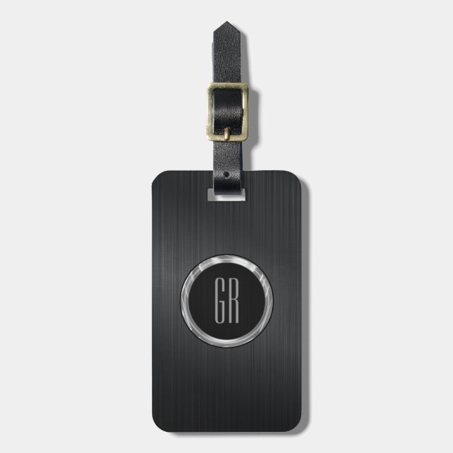 Monogramed Black Brushed Aluminum Texture 2 Luggage Tag (Front Vertical)
