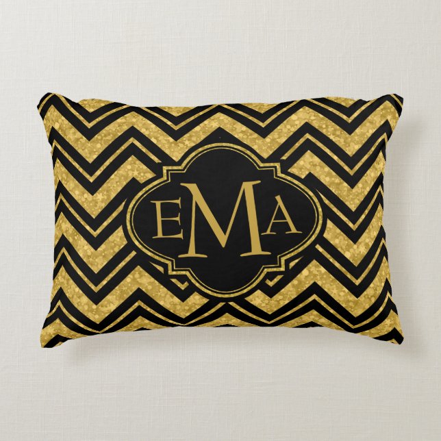 Monogramed Black Chevron & Gold Glitter Decorative Pillow (Front)