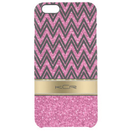 Monogramed Black Chevron &amp; Pink Glitter Clear iPhone 6 Plus Case