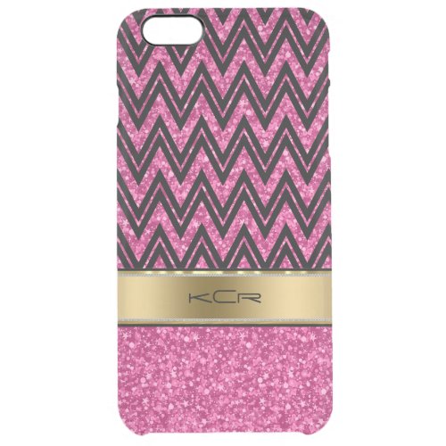 Monogramed Black Chevron  Pink Glitter Clear iPhone 6 Plus Case