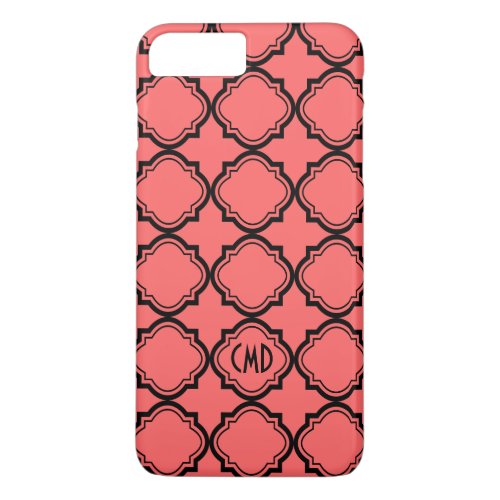 Monogramed Black  Coral_Red Quatrefoil Pattern iPhone 8 Plus7 Plus Case