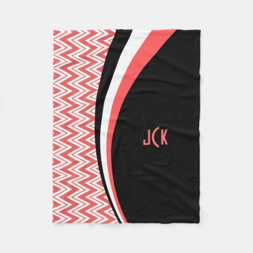 Monogramed Black Coral  White Zigzag Chevron Fleece Blanket