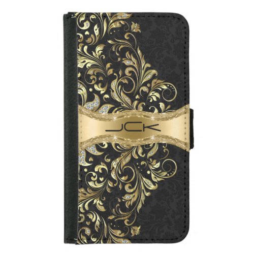 Monogramed Black Damasks  Gold Glitter Lace Desig Wallet Phone Case For Samsung Galaxy S5