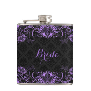 Monogramed Black Damasks Purple Floral Lace Hip Flask