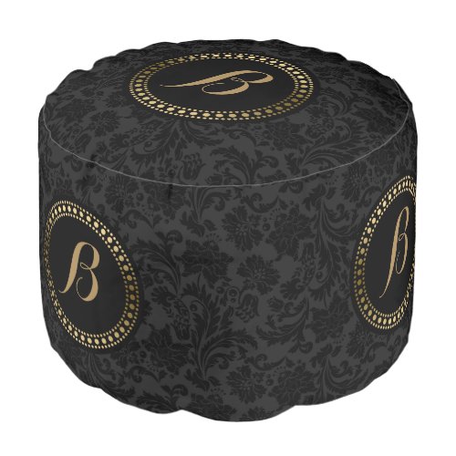 Monogramed Black Elegant Damasks Gold Accents 2 Pouf