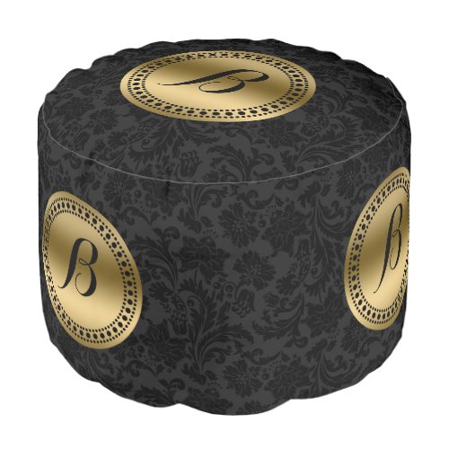 Monogramed Black Elegant Damasks Gold Accents Pouf