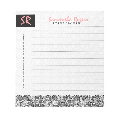 Monogramed Black Floral Lace  White Damasks Notepad