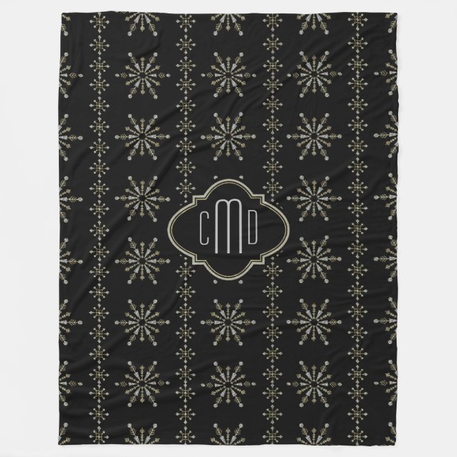 Monogramed Black & Glitter Christmas Snowflakes 2 Fleece Blanket (Front)