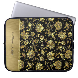 Monogramed black & Gold Damasks Pattern Laptop Sleeve