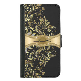 Monogramed  Black &amp; Gold Glitter Lace Samsung Galaxy S5 Wallet Case