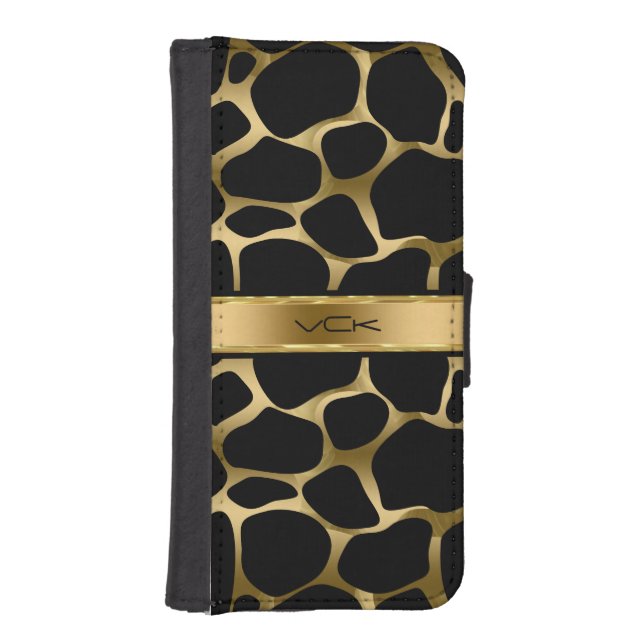 Monogramed Black & Gold Leopard Print iPhone Wallet Case (Front)
