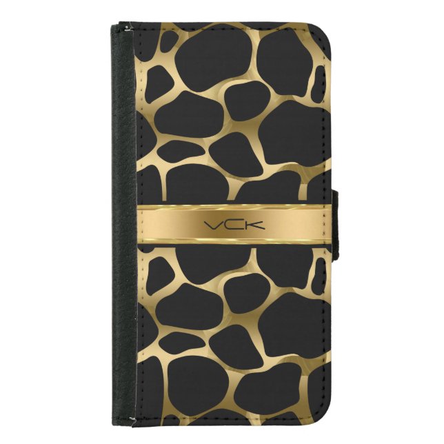 Monogramed Black & Gold Leopard Print Samsung Galaxy Wallet Case (Front)
