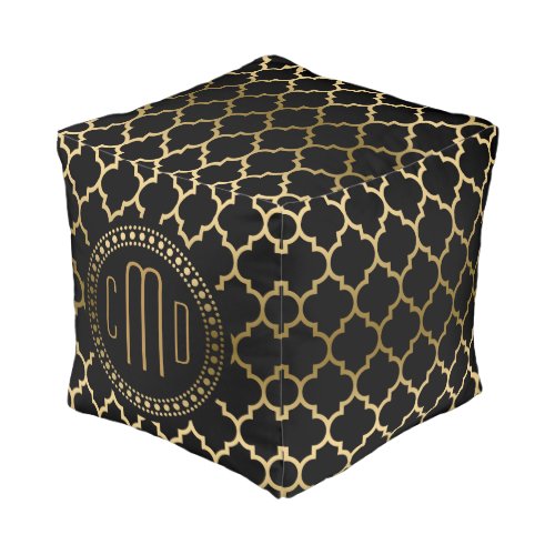 Monogramed Black Gold Quatrefoil Pattern Pouf