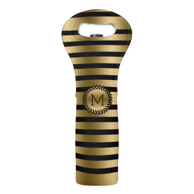 Monogramed Black & Gold Stripes & Black Wreath Wine Bag (Front)