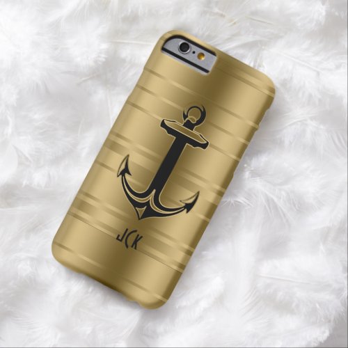 Monogramed Black  Gold Stripes Nautical Anchor Barely There iPhone 6 Case