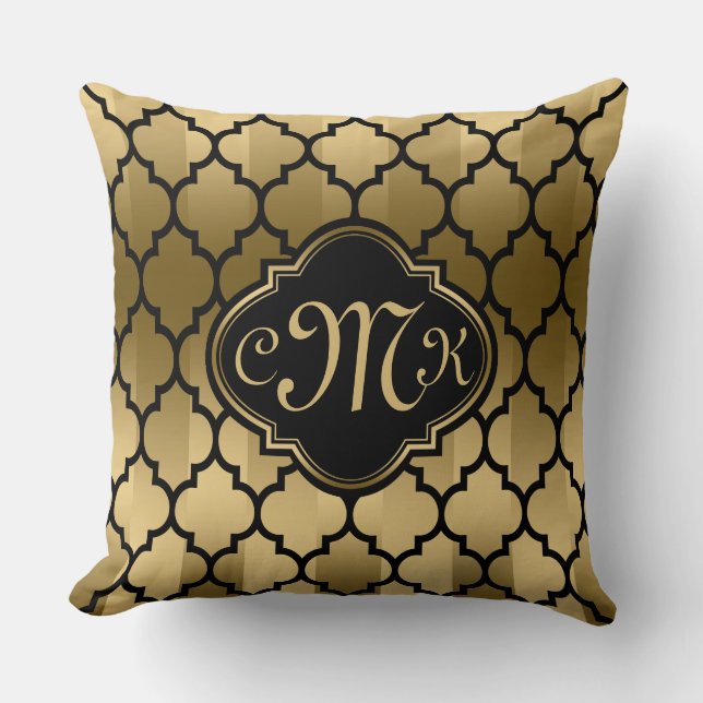 Monogramed Black & Gold Stripes & Quatrefoil Throw Pillow (Front)