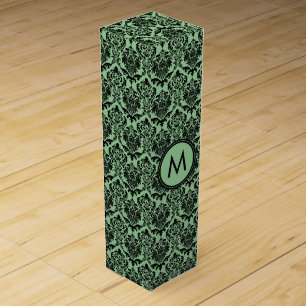 Monogramed Black & Green Floral Damasks Pattern Wine Gift Box