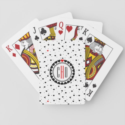 Monogramed Black Hearts pattern Red Accent Poker Cards