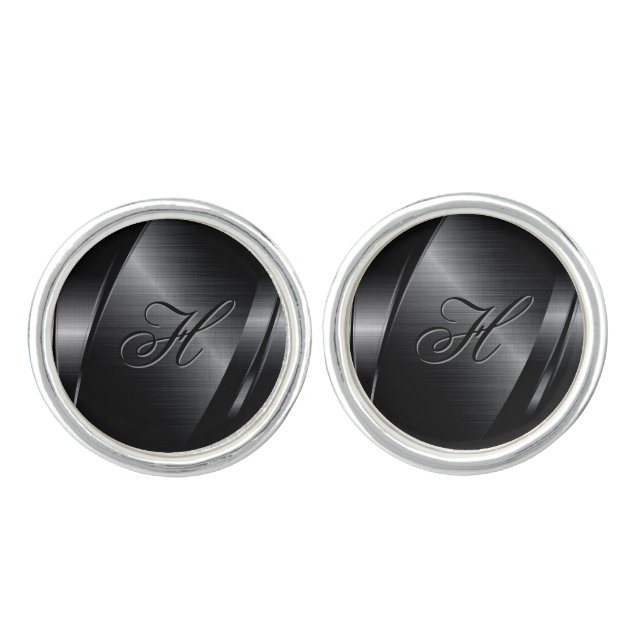Monogramed Black Metallic Brushed Aluminum Look Cufflinks (Front)