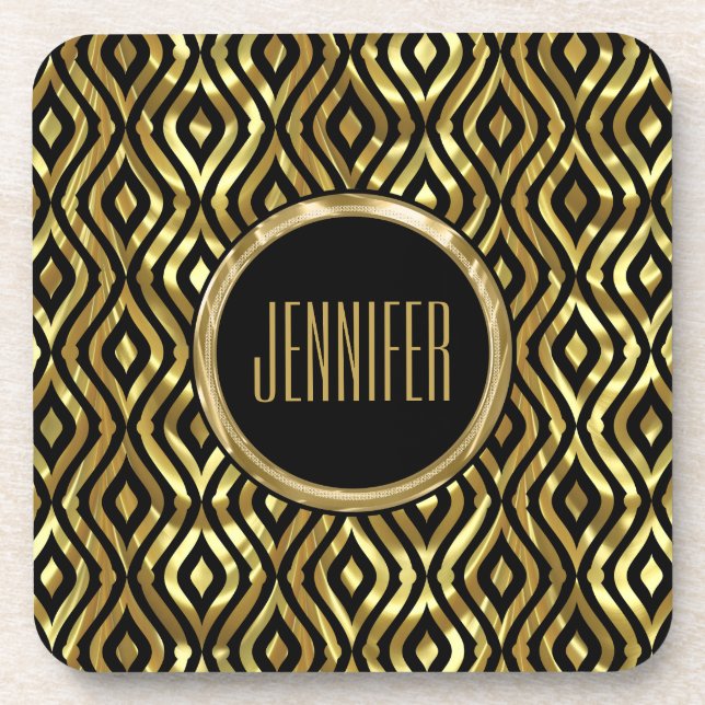Monogramed Black & Metallic Gold Geometric Pattern Drink Coaster (Front)