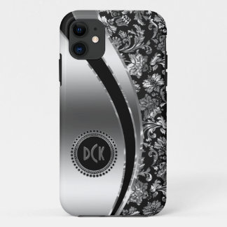 Monogramed Black & Metallic Silver Damasks iPhone 11 Case