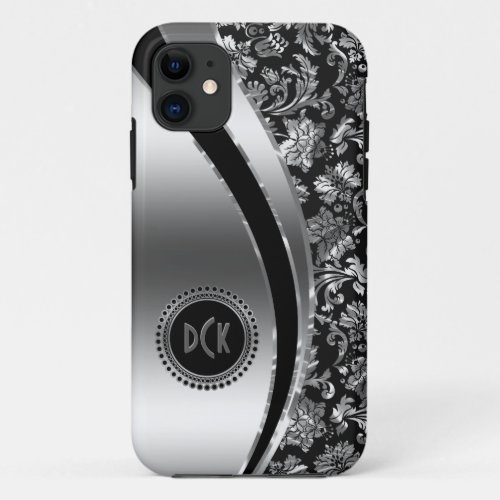 Monogramed Black  Metallic Silver Damasks iPhone 11 Case