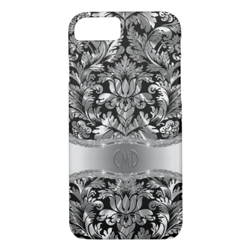 Monogramed Black  Metallic Silver Floral Damasks iPhone 87 Case