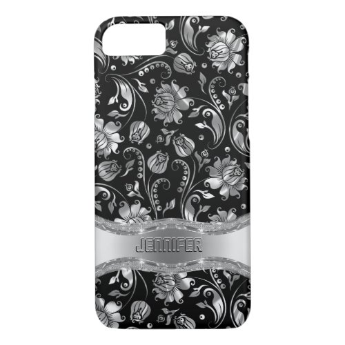 Monogramed Black  Metallic Silver Floral Damasks iPhone 87 Case