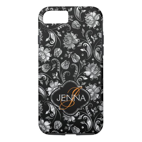 Monogramed Black  Metallic Silver Floral Damasks iPhone 87 Case