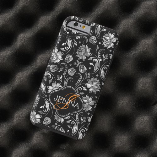 Monogramed Black  Metallic Silver Floral Damasks Tough iPhone 6 Case