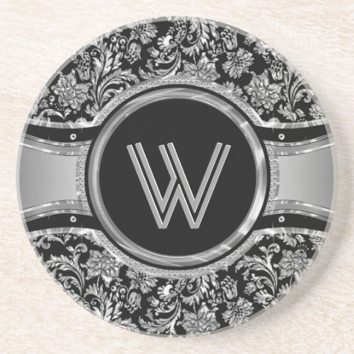 Monogramed Black  Metallic Silver Floral Damasks Coaster
