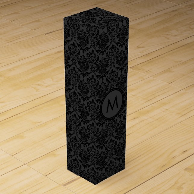 Monogramed Black Monotones Floral Damasks Pattern Wine Box (Front)