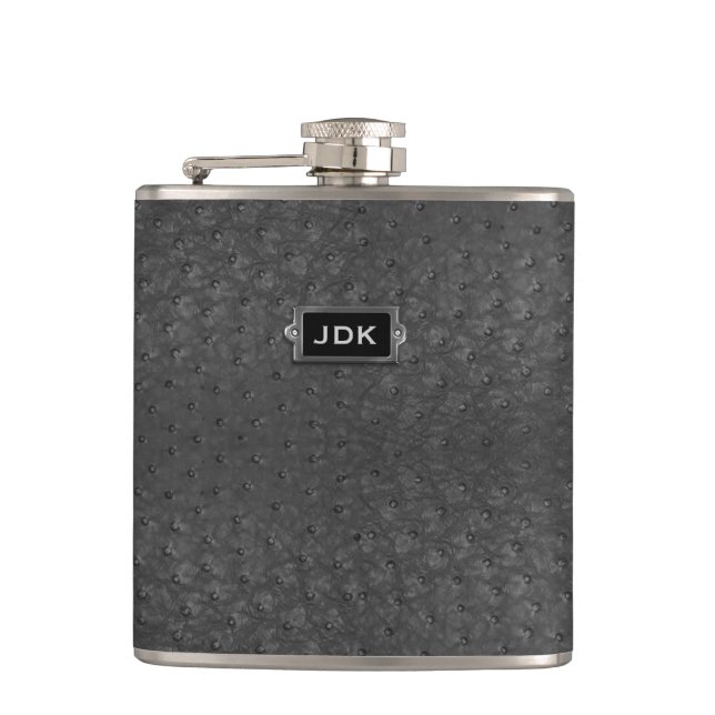 Monogramed Black Ostrich Leather Look Flask (Front)