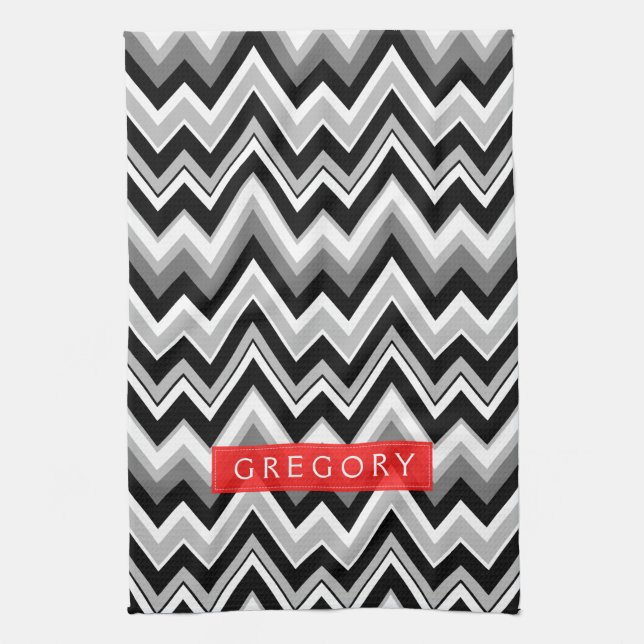Monogramed Black White And Gray Chevron Pattern Towel (Vertical)