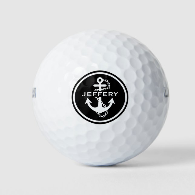 Monogramed Black & White Circle & Nautical Anchor Golf Balls (Front)