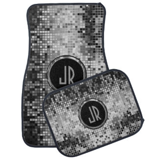 Monogramed Black & White Retro Disco Ball Glitter Car Mat