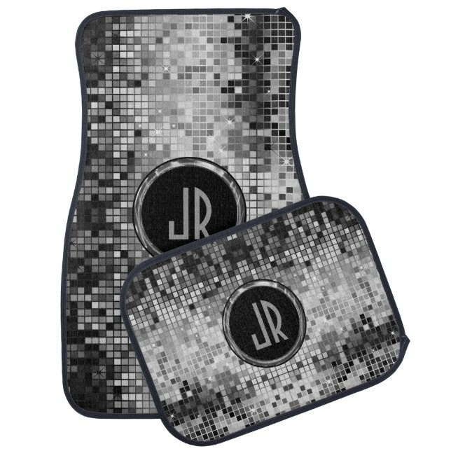Monogramed Black & White Retro Disco Ball Glitter Car Mat (Set)
