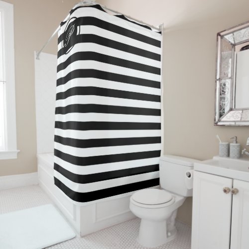 Monogramed Black  White Stripes Shower Curtain