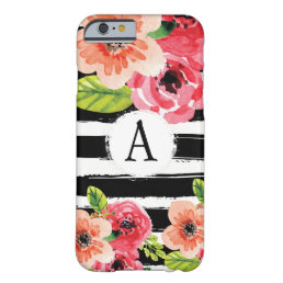 Monogramed Black White Stripes Watercolor Flowers Barely There iPhone 6 Case