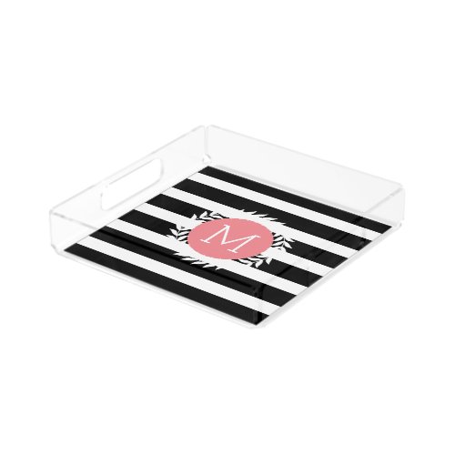 Monogramed Black  White Stripes  White Wreath Acrylic Tray