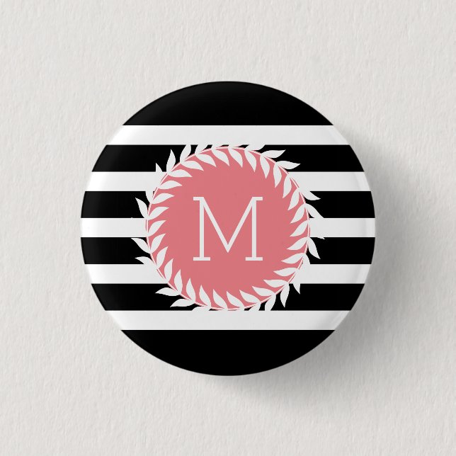 Monogramed Black & White Stripes & White Wreath Button (Front)