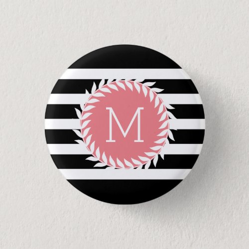 Monogramed Black  White Stripes  White Wreath Button